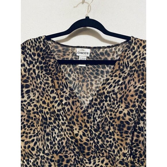 Chicos Top Womens XL Glitter Animal Print Faux Wrap V Neck Stretchy Boho - Picture 2 of 6